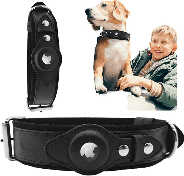 Heavy Duty Leather Dog Collar with AirTag Holder