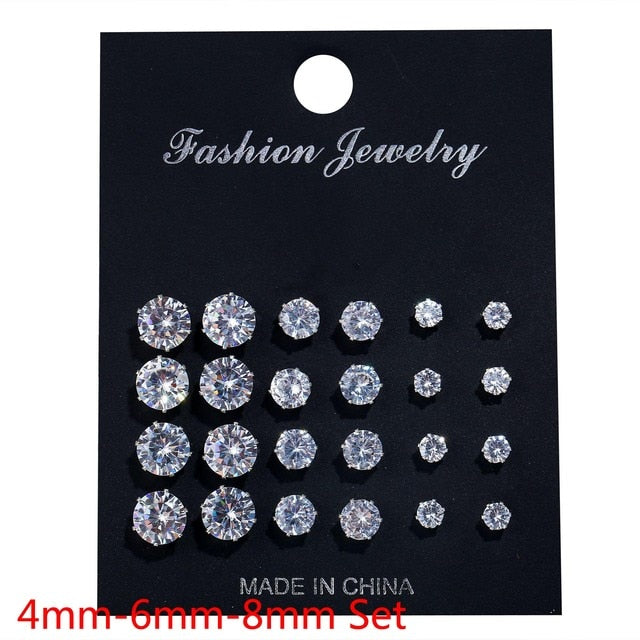 White Crystal Stud Earrings 12 Pair Set