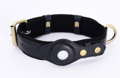 Heavy Duty Leather Dog Collar with AirTag Holder