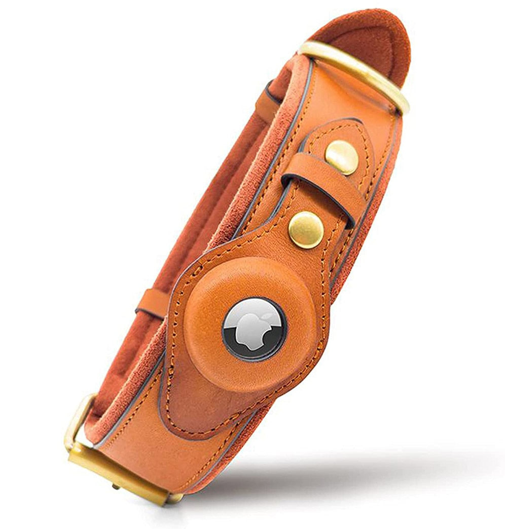 Heavy Duty Leather Dog Collar with AirTag Holder