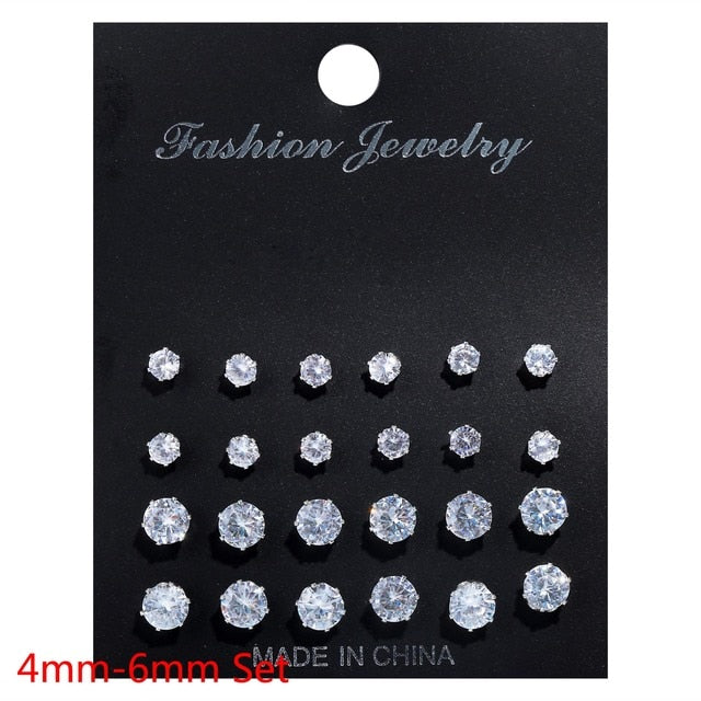 White Crystal Stud Earrings 12 Pair Set