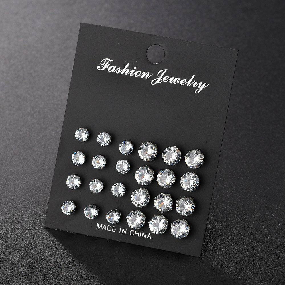 White Crystal Stud Earrings 12 Pair Set