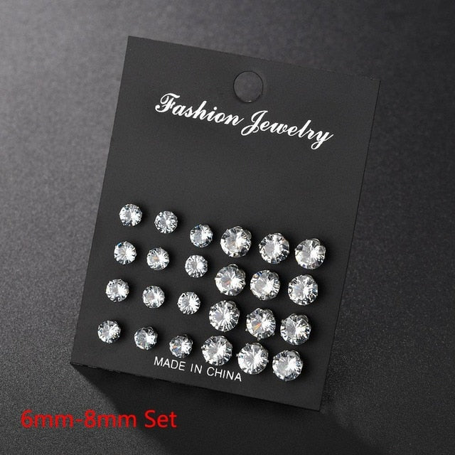 White Crystal Stud Earrings 12 Pair Set