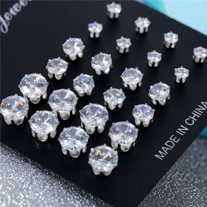 White Crystal Stud Earrings 12 Pair Set