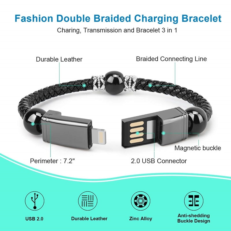 Leather Type C and Micro USB Phone Charger Bracelet