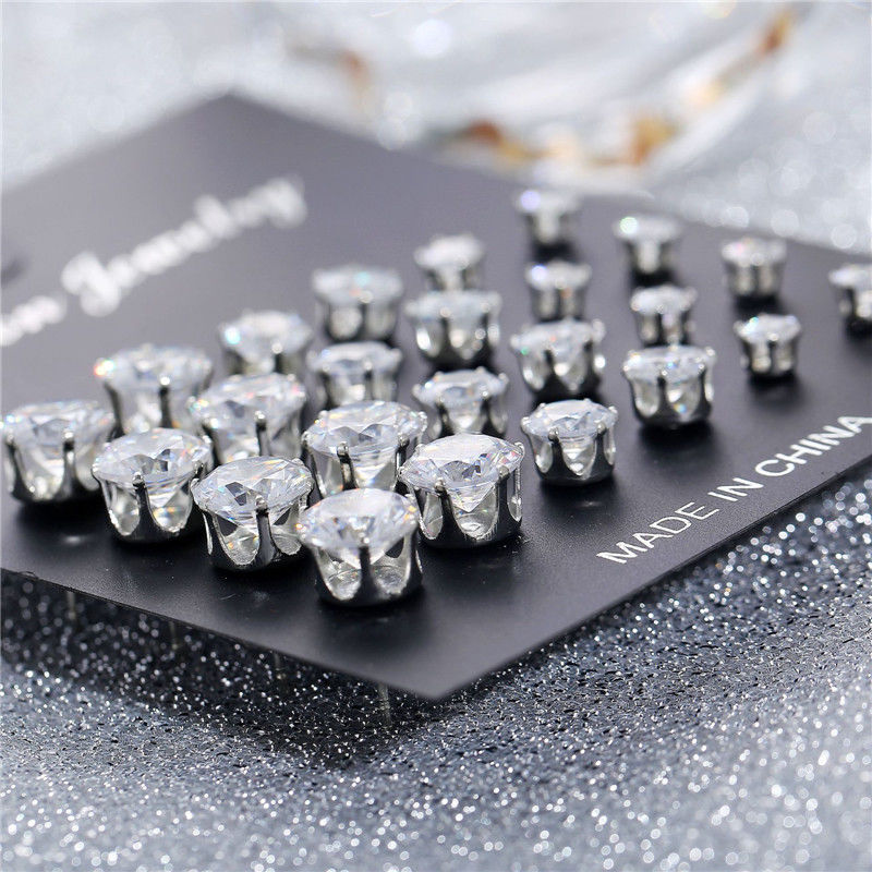 White Crystal Stud Earrings 12 Pair Set