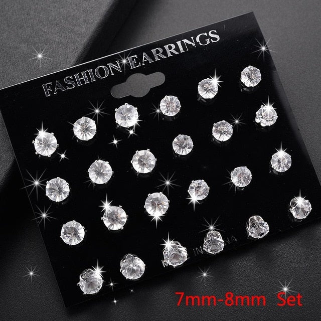 White Crystal Stud Earrings 12 Pair Set