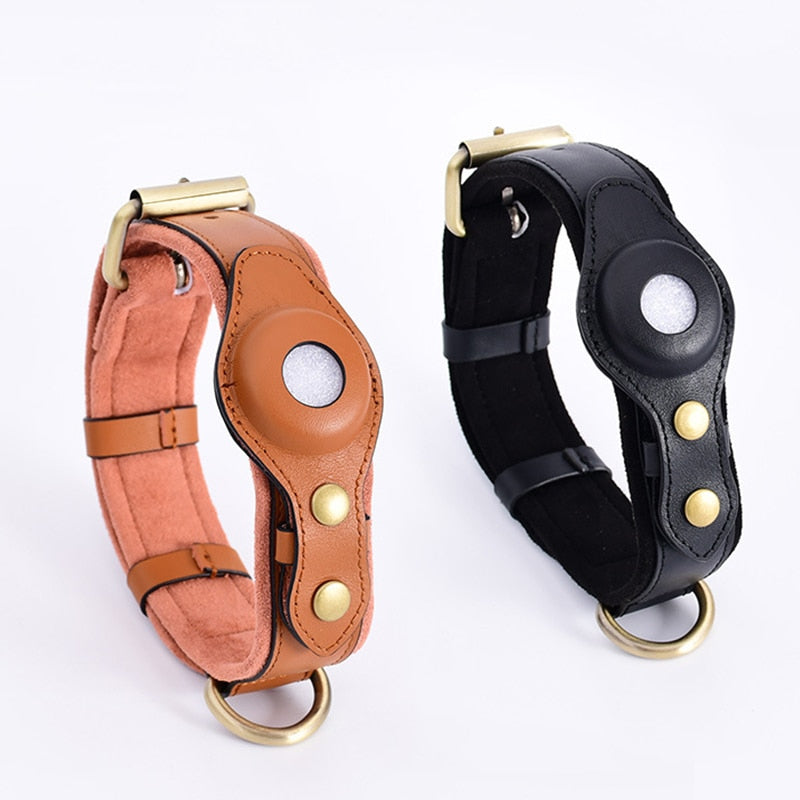 Heavy Duty Leather Dog Collar with AirTag Holder