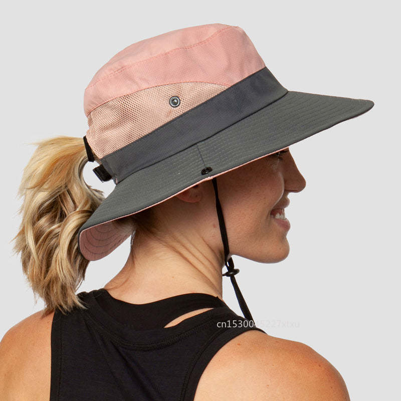 Ponytail Wide Brim Summer Sun Hat with UV Protection