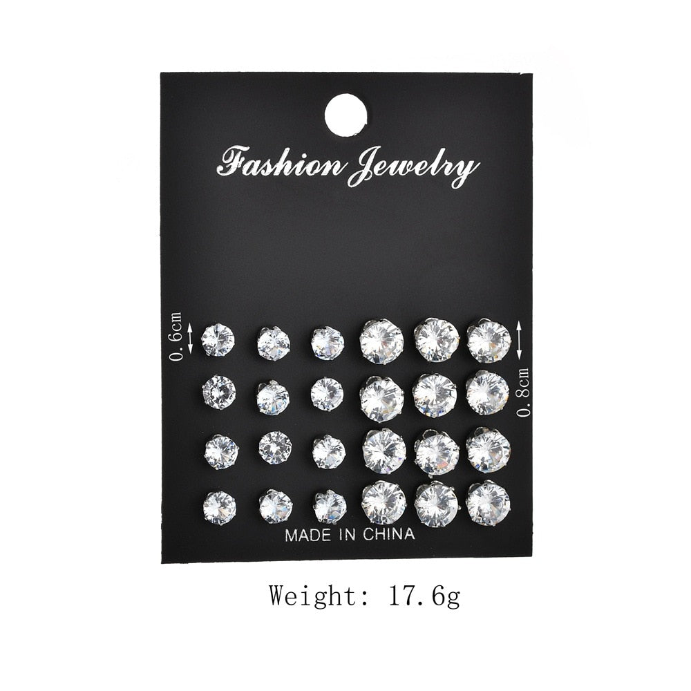 White Crystal Stud Earrings 12 Pair Set