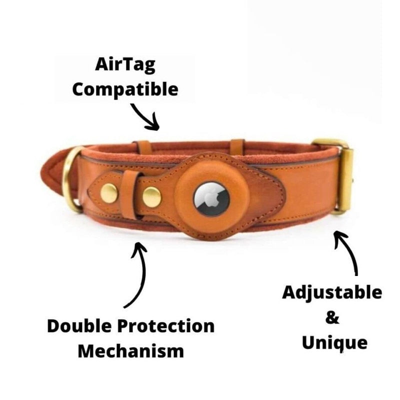 Heavy Duty Leather Dog Collar with AirTag Holder