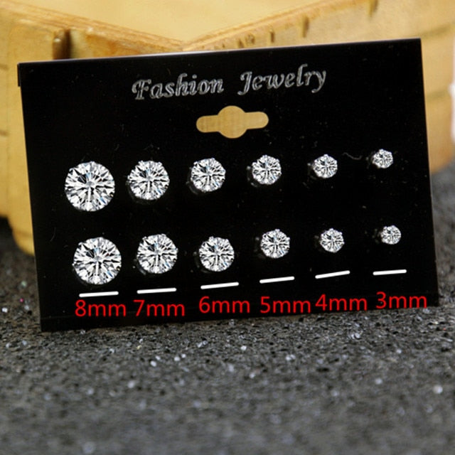 White Crystal Stud Earrings 12 Pair Set